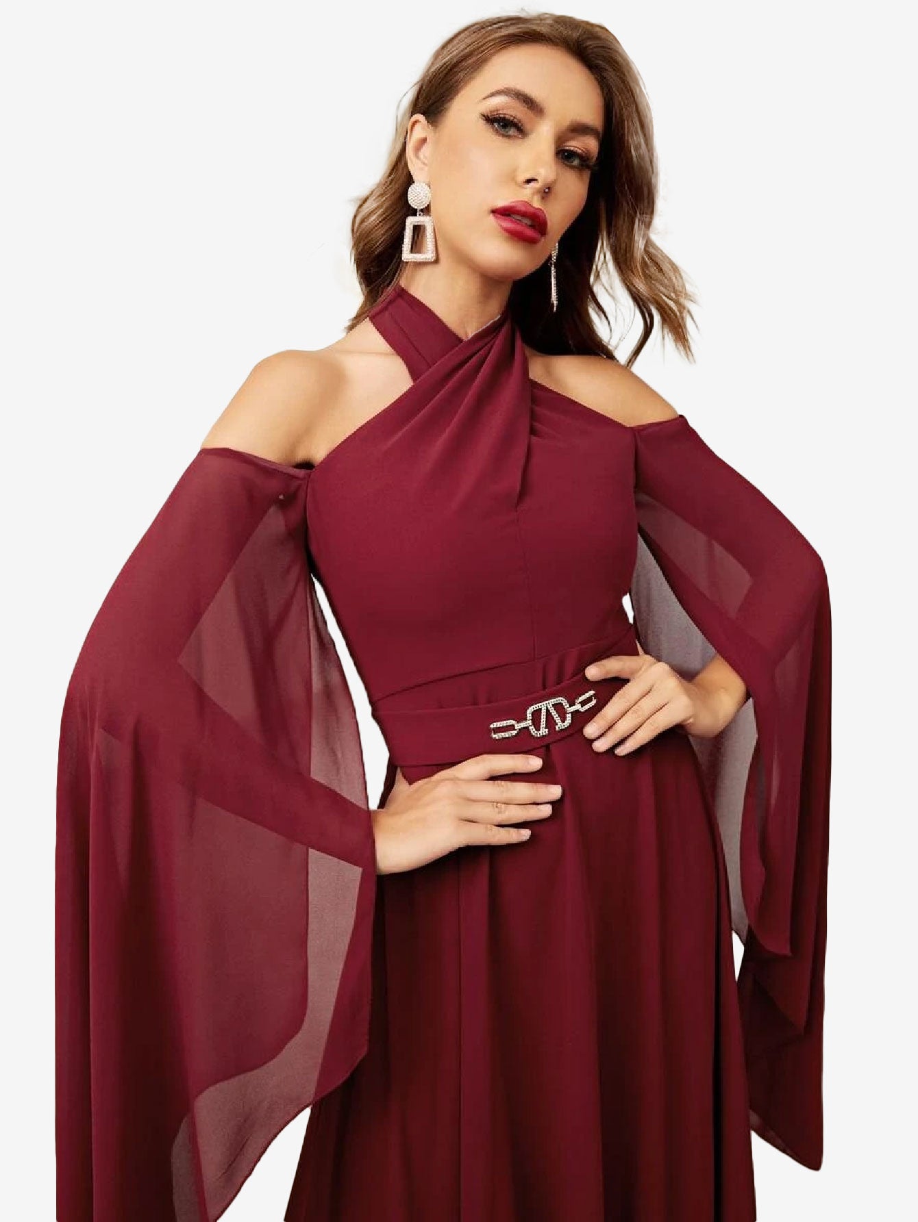 Halterneck Split Sleeve Chiffon A-Line Dress