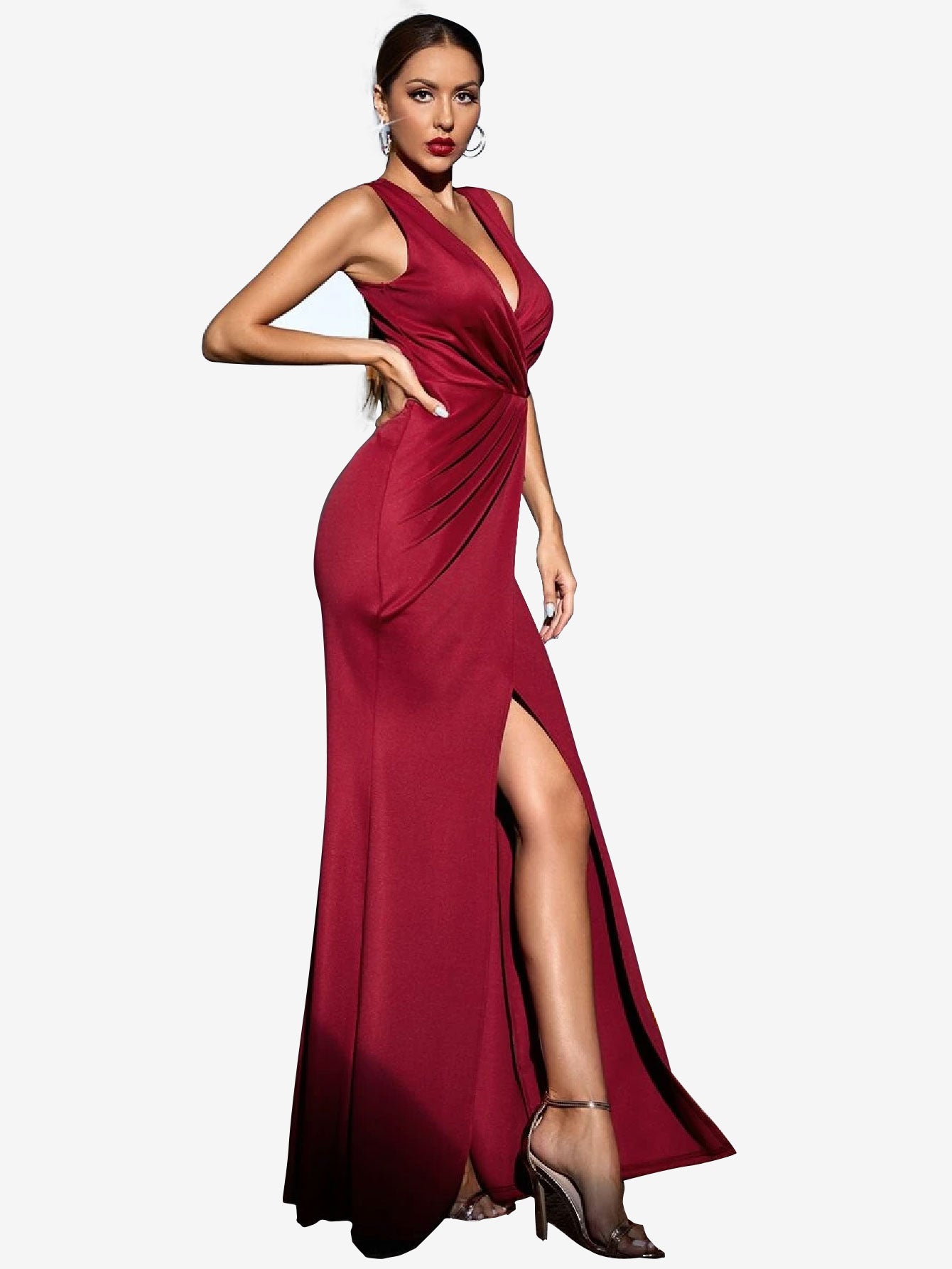 Arouse Surplice Neck Split Thigh Zipper Back Maxi Prom Dress