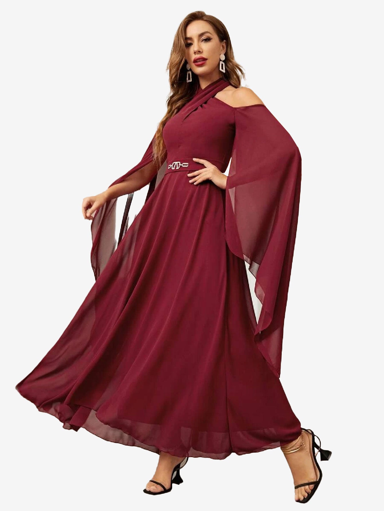 Halterneck Split Sleeve Chiffon A-Line Dress