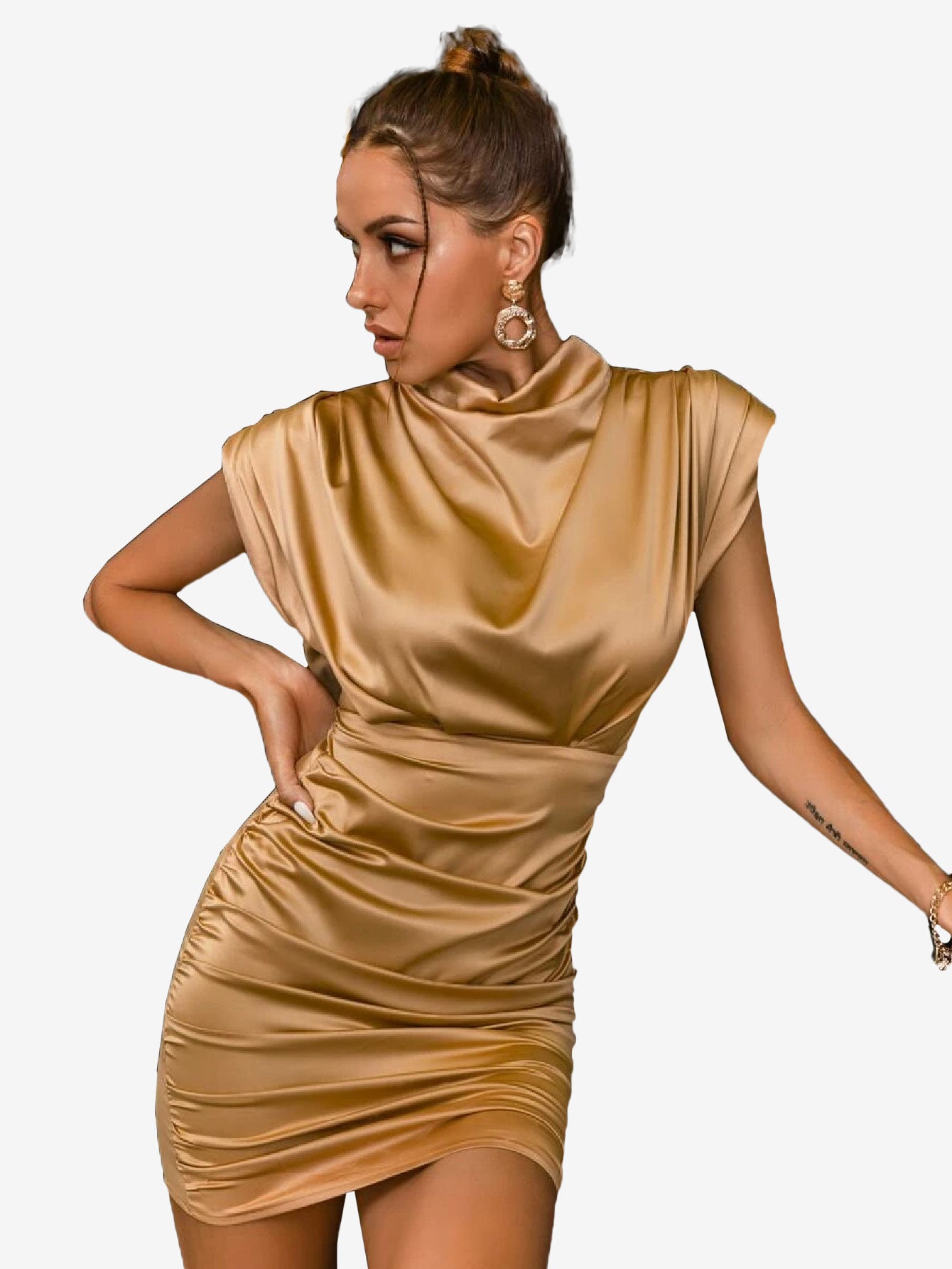 Glamaker Shoulder Pad Ruched Fitted Dress