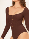Button Front Backless Square Neck Bodysuit