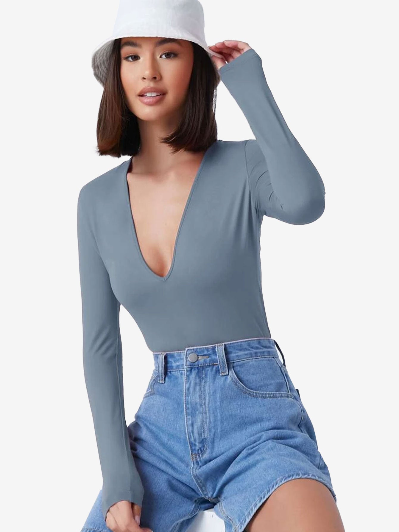 Basic Plunging Neck Solid Fitted Bodysuit