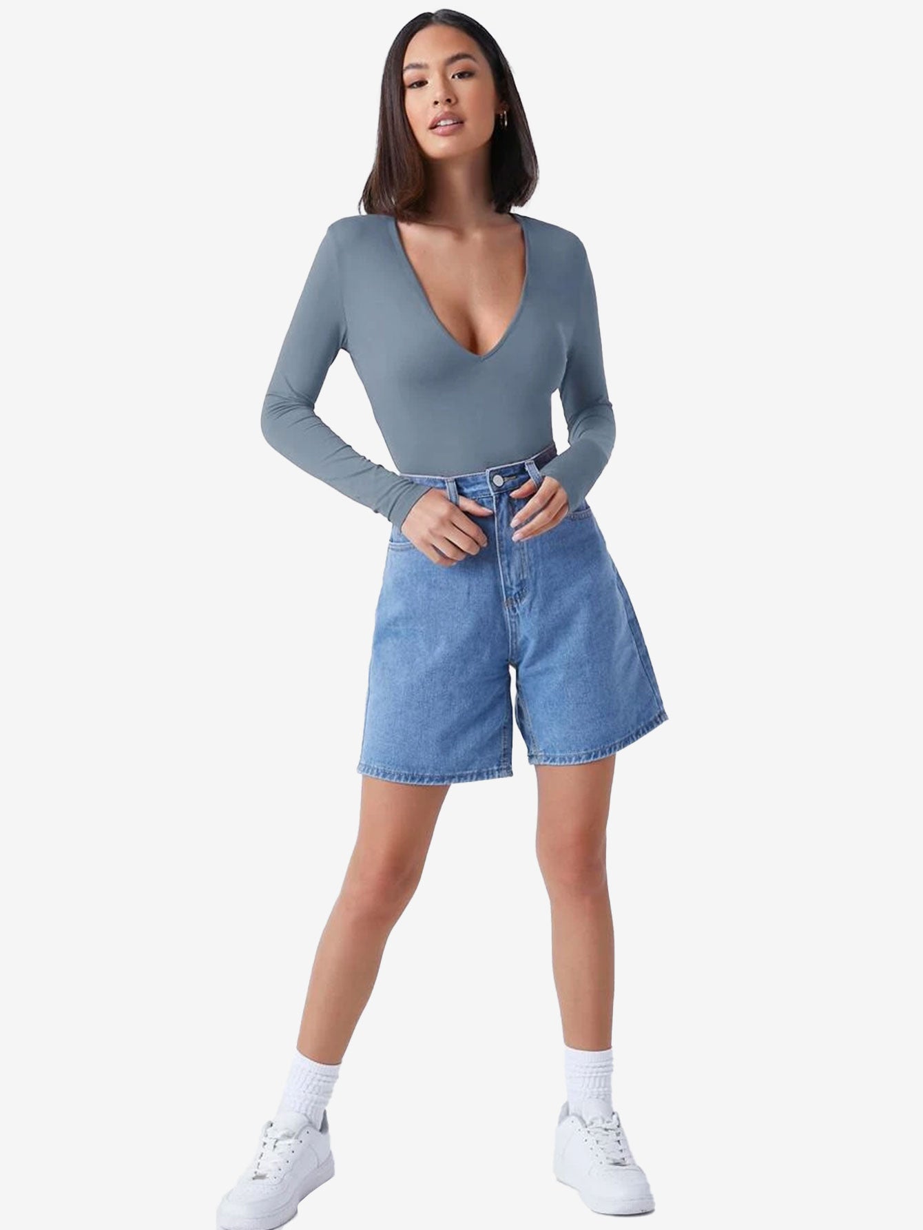 Basic Plunging Neck Solid Fitted Bodysuit