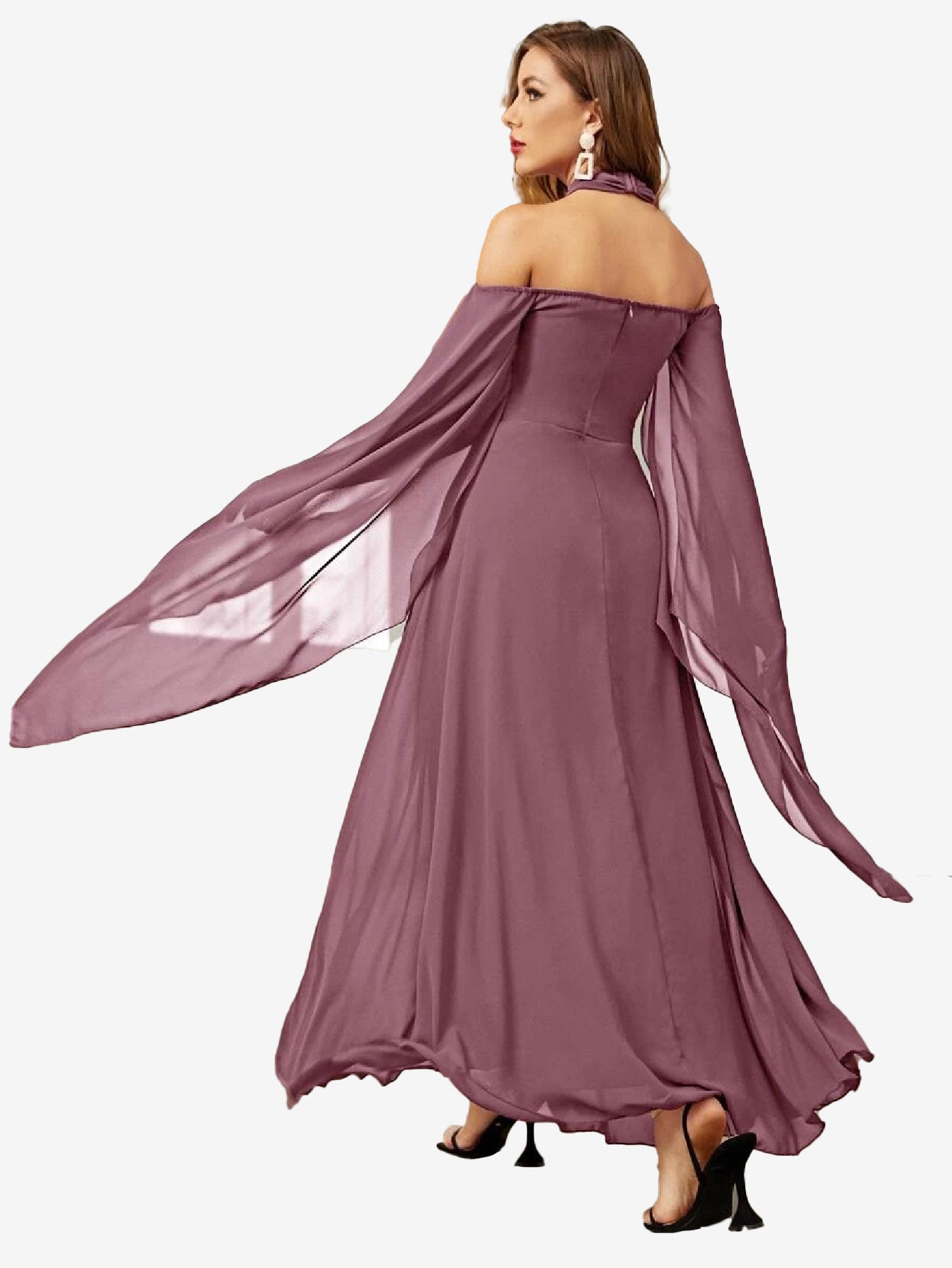 Halterneck Split Sleeve Chiffon A-Line Dress