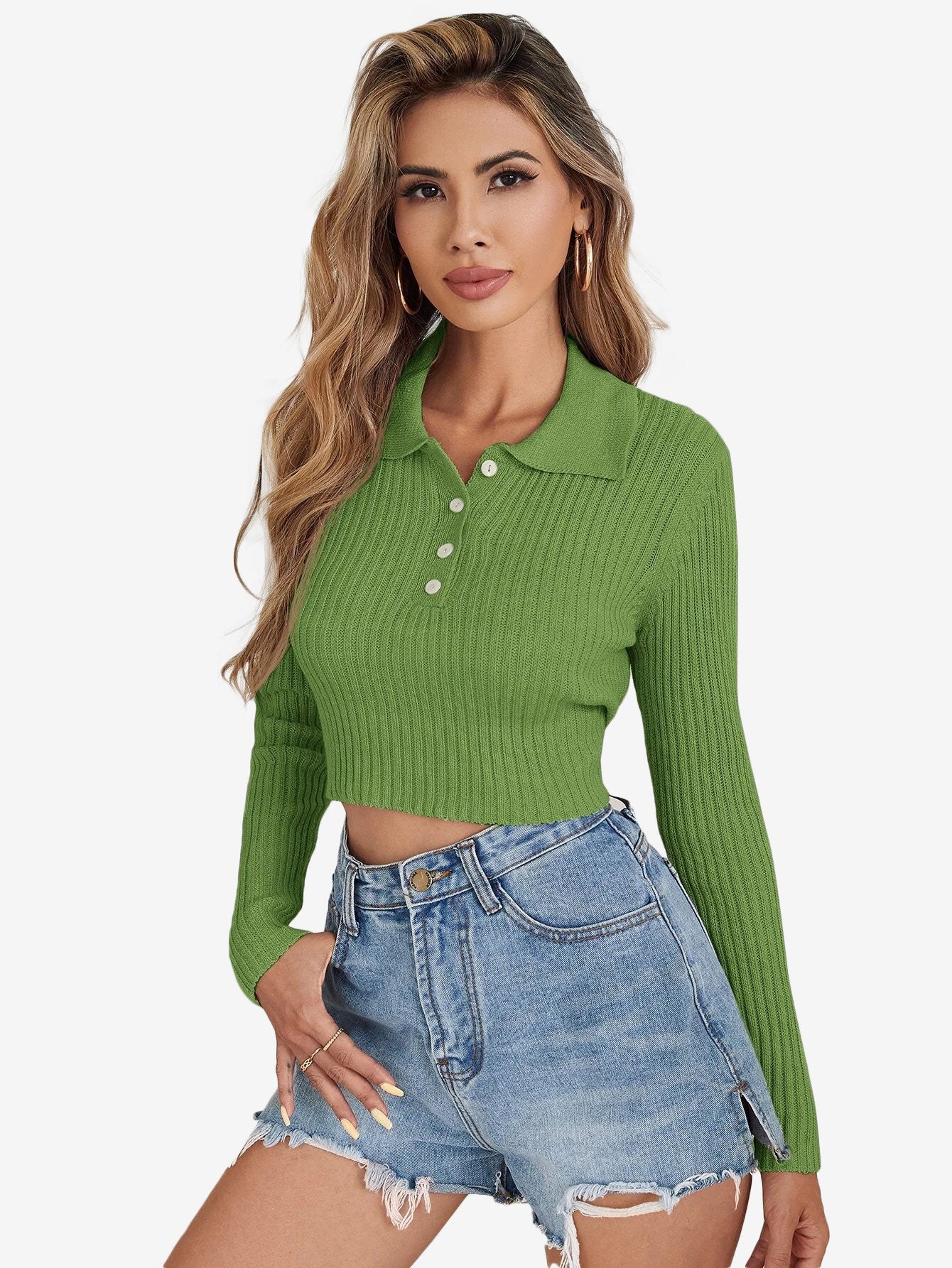 Button Half Placket Ribbed Knit Crop Sweater