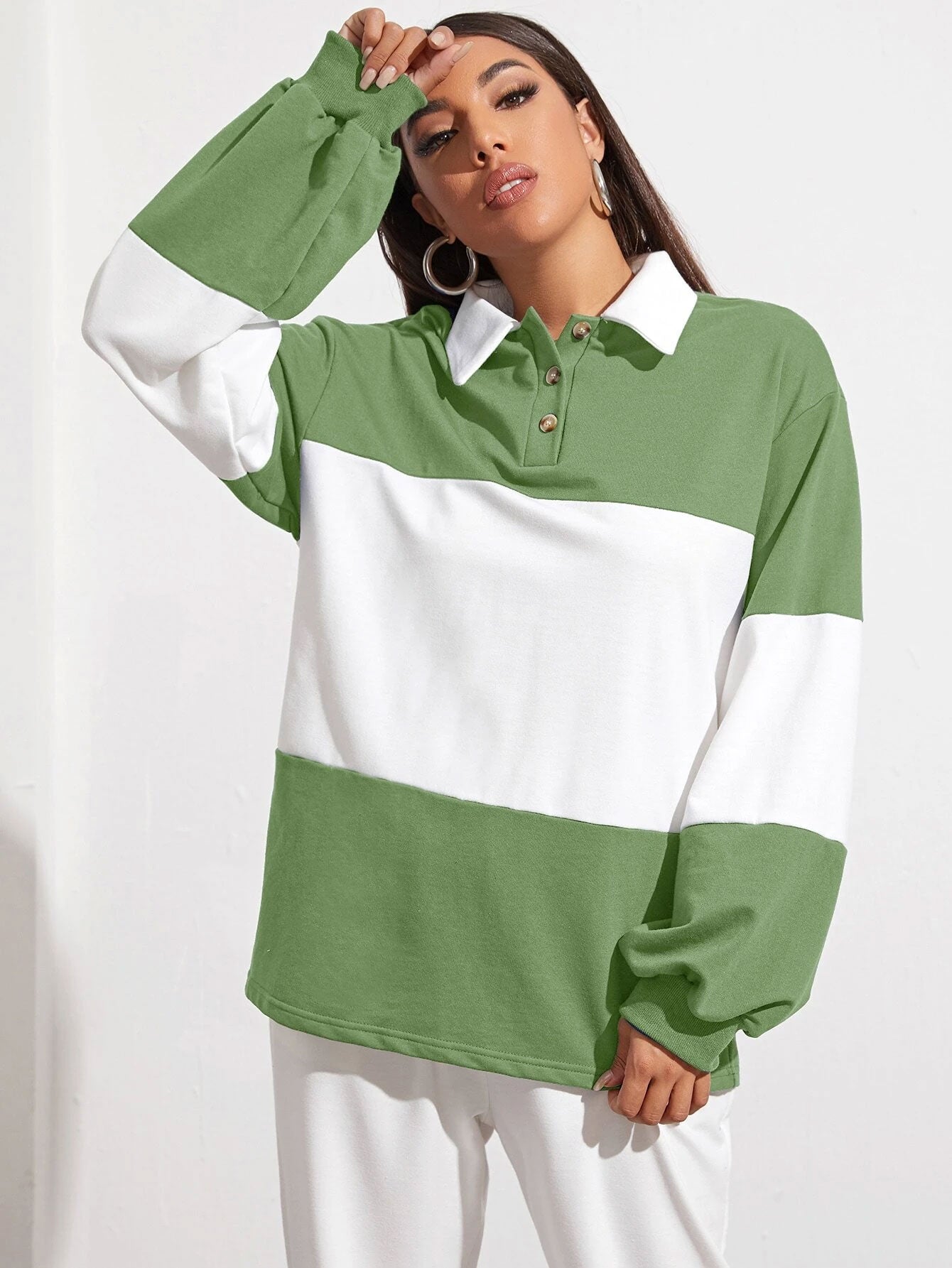Button Half Placket Colorblock Sweatshirt