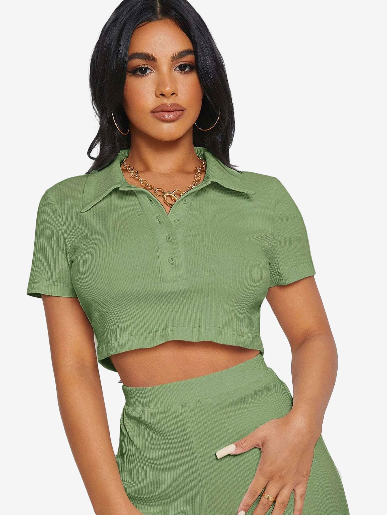 Button Half Placket Rib-knit Crop Top