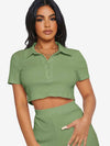Button Half Placket Rib-knit Crop Top