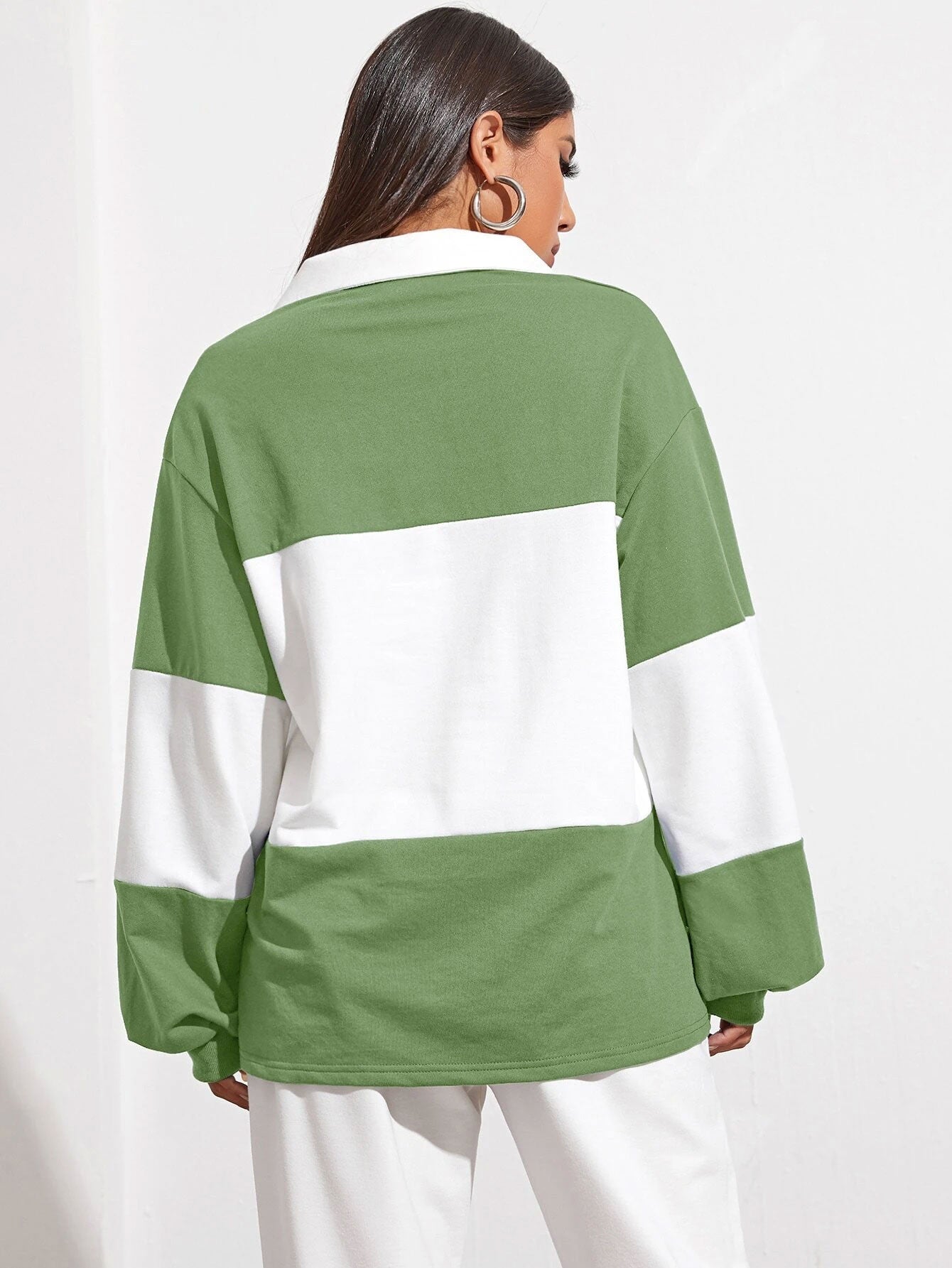 Button Half Placket Colorblock Sweatshirt
