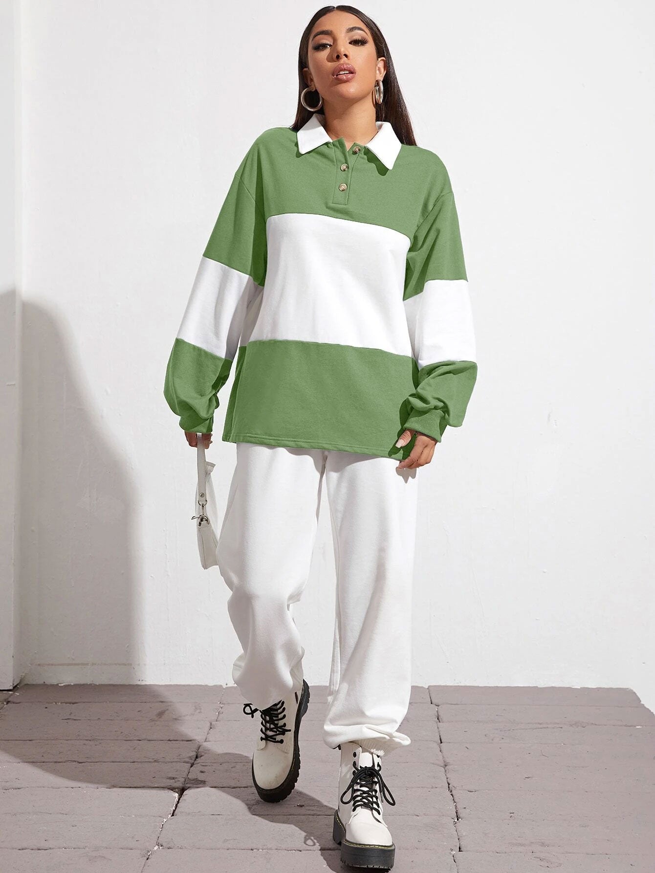 Button Half Placket Colorblock Sweatshirt