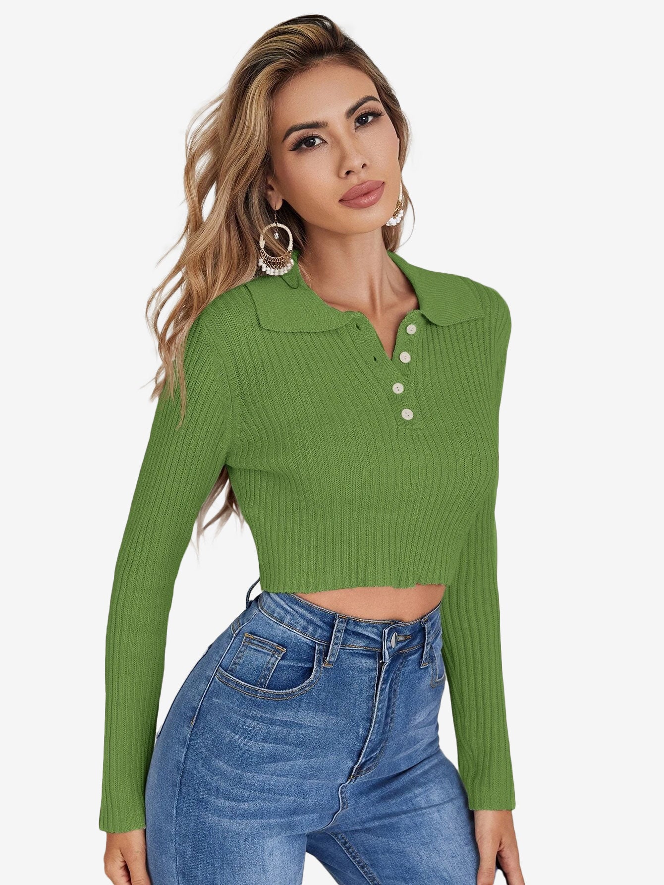 Button Half Placket Ribbed Knit Crop Sweater
