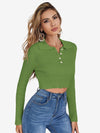 Button Half Placket Ribbed Knit Crop Sweater
