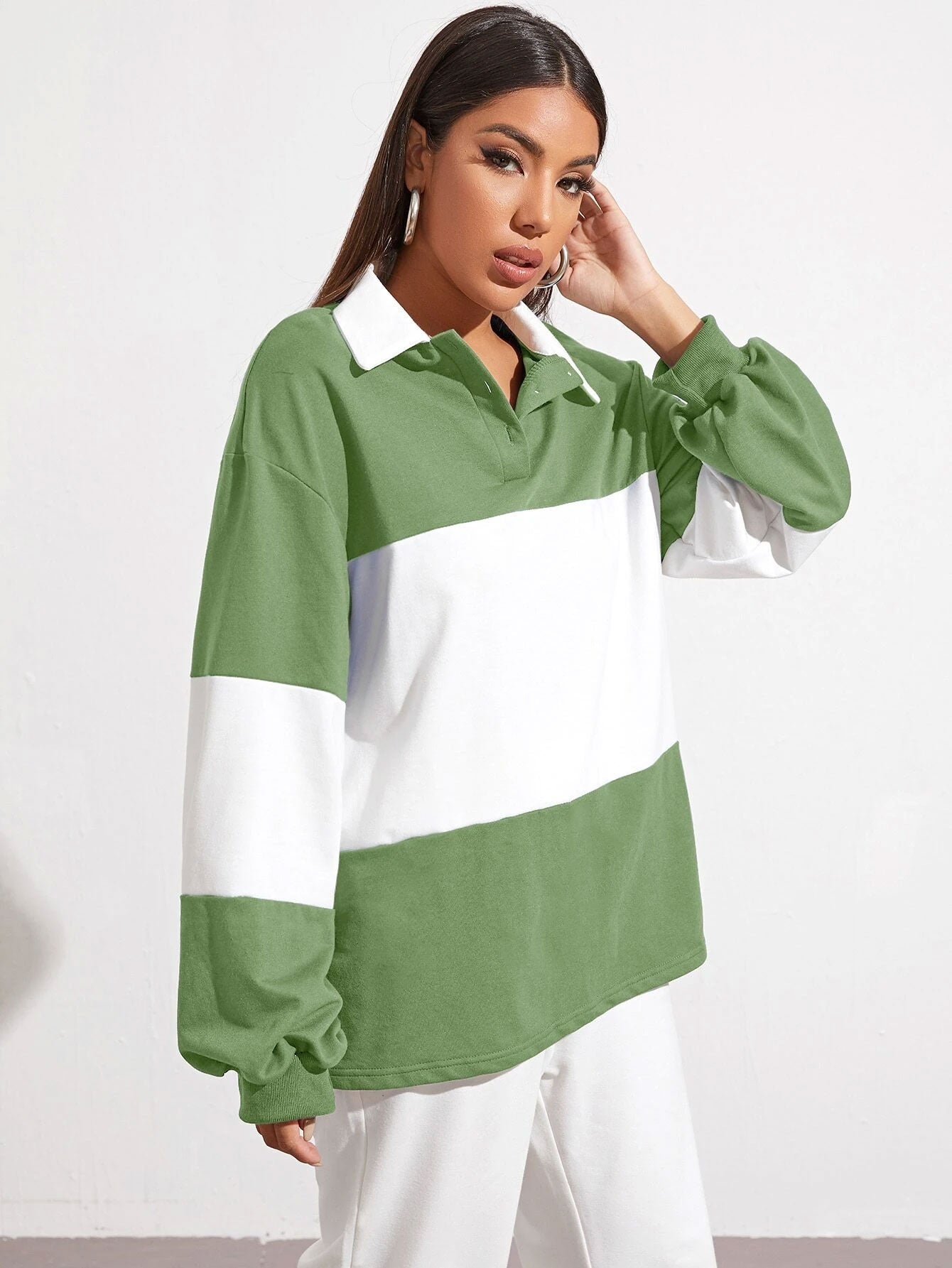 Button Half Placket Colorblock Sweatshirt