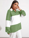 Button Half Placket Colorblock Sweatshirt