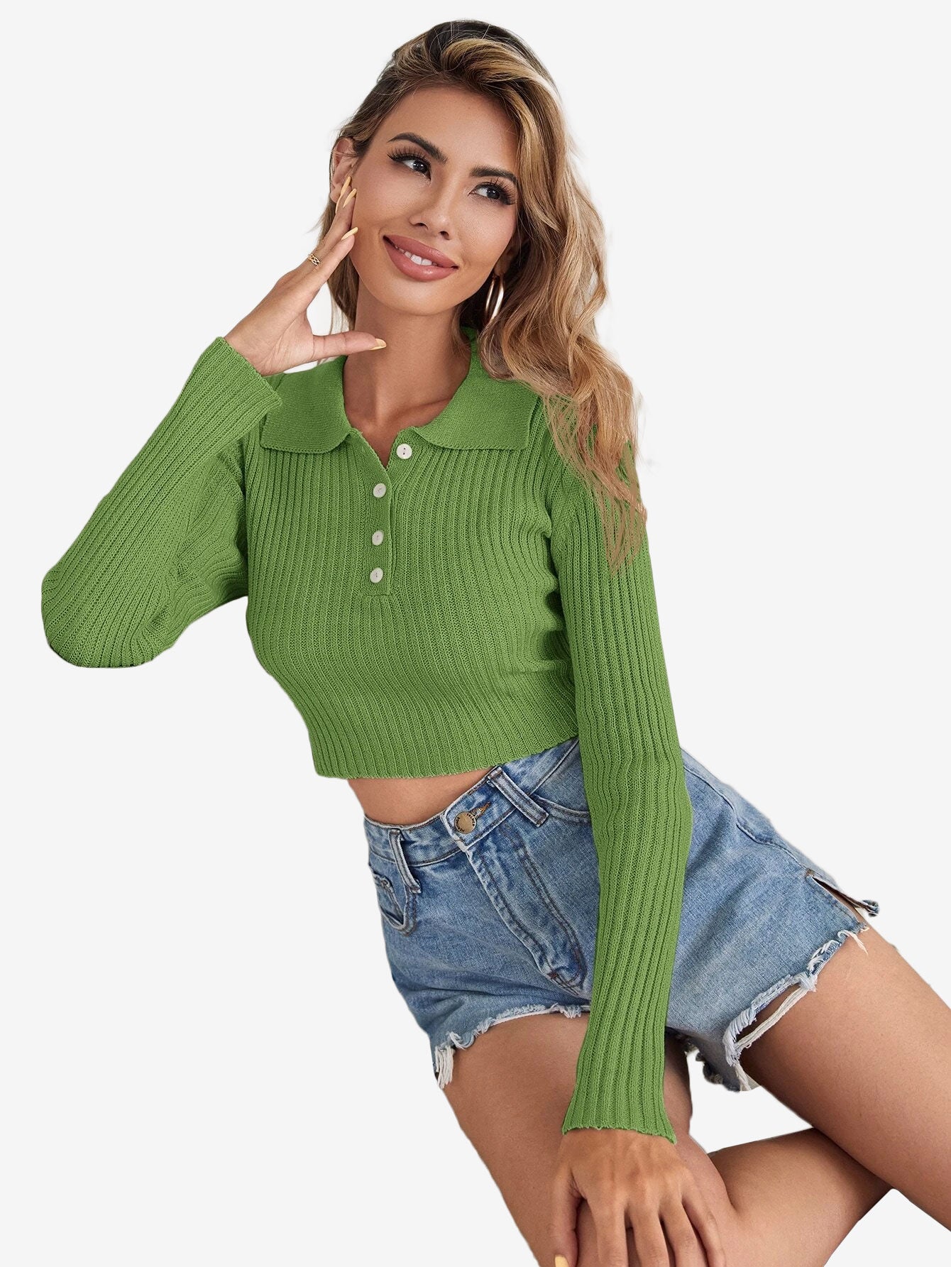 Button Half Placket Ribbed Knit Crop Sweater