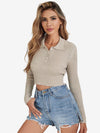 Button Half Placket Ribbed Knit Crop Sweater