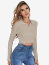 Button Half Placket Ribbed Knit Crop Sweater