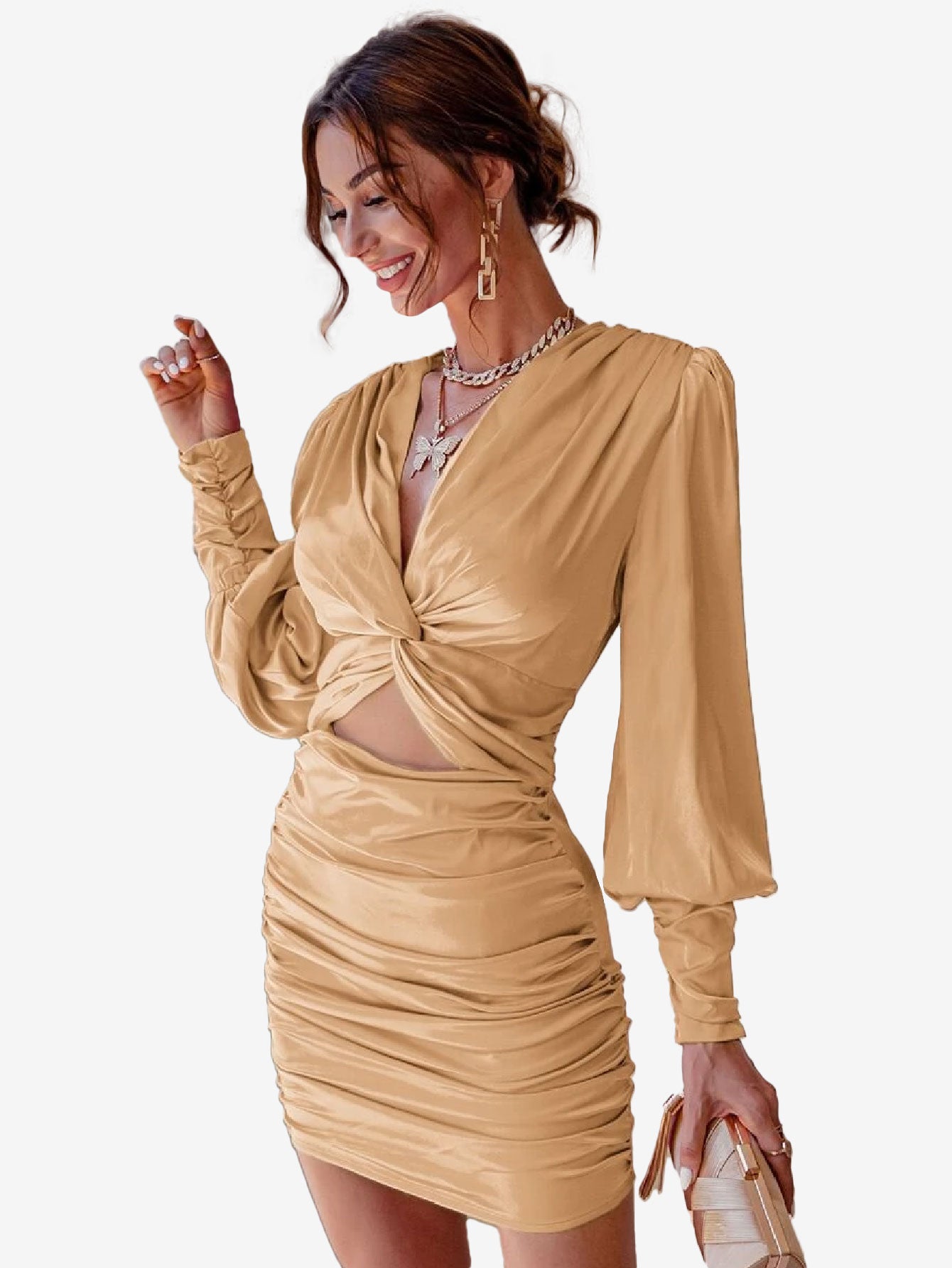 Glamaker Twist Front Ruched Satin Dress