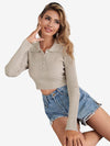 Button Half Placket Ribbed Knit Crop Sweater