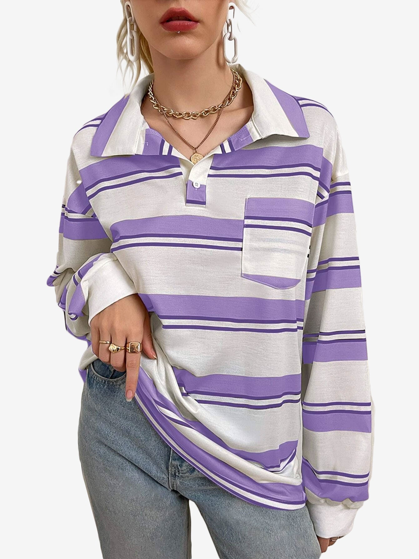 Bubblegum Striped Pocket Patched Drop Shoulder Sweatshirt