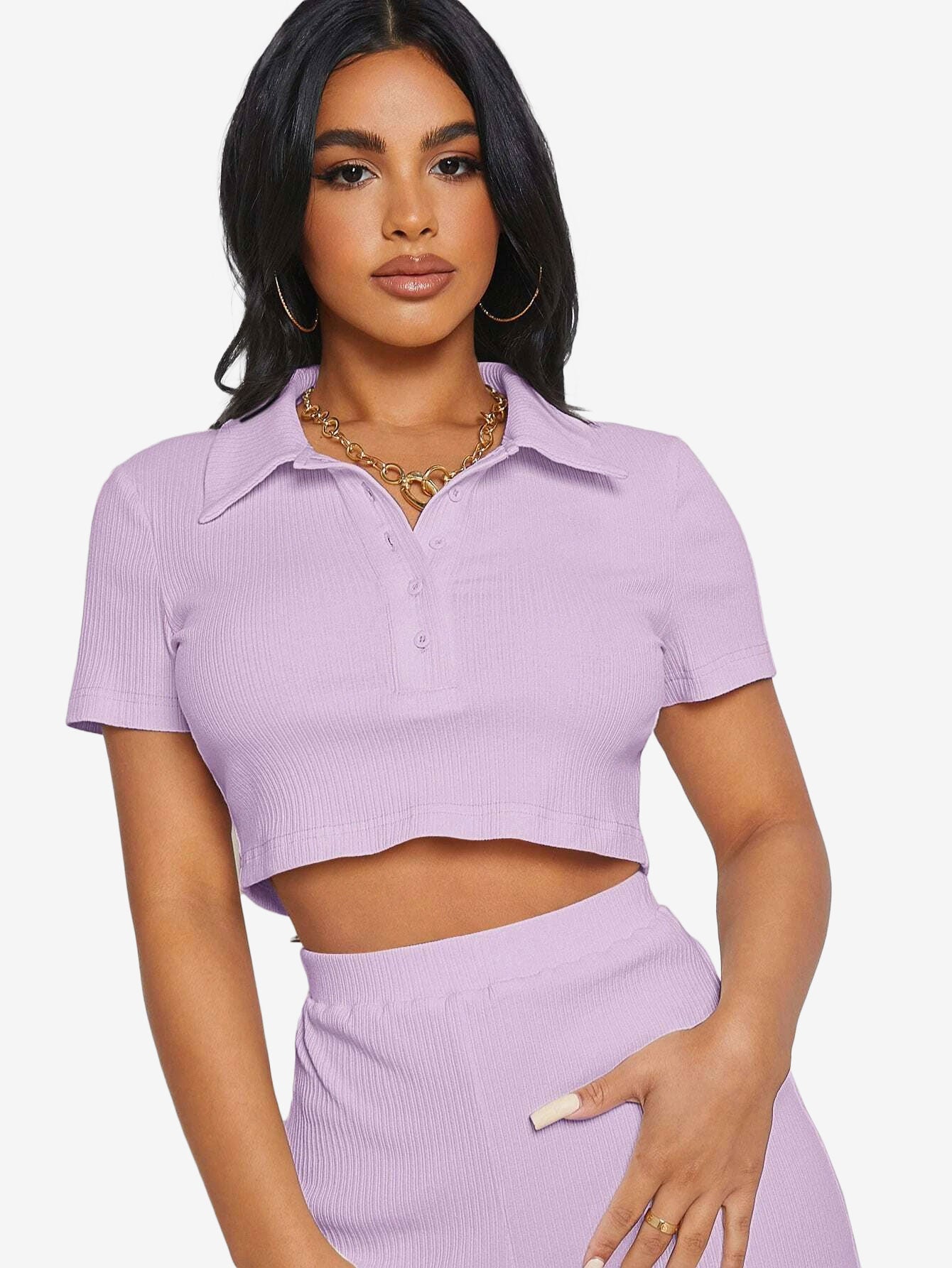 Button Half Placket Rib-knit Crop Top