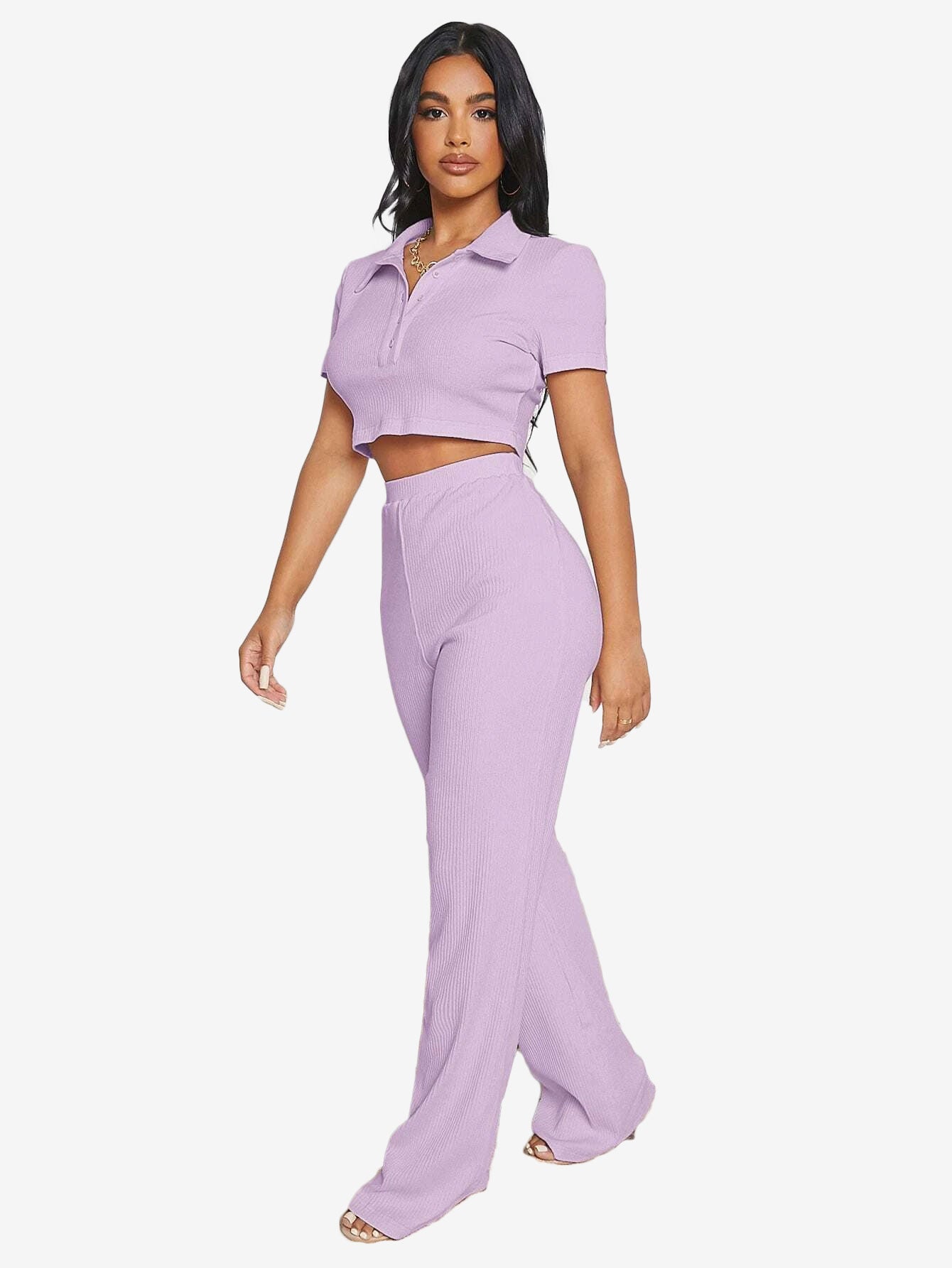 Button Half Placket Rib-knit Crop Top