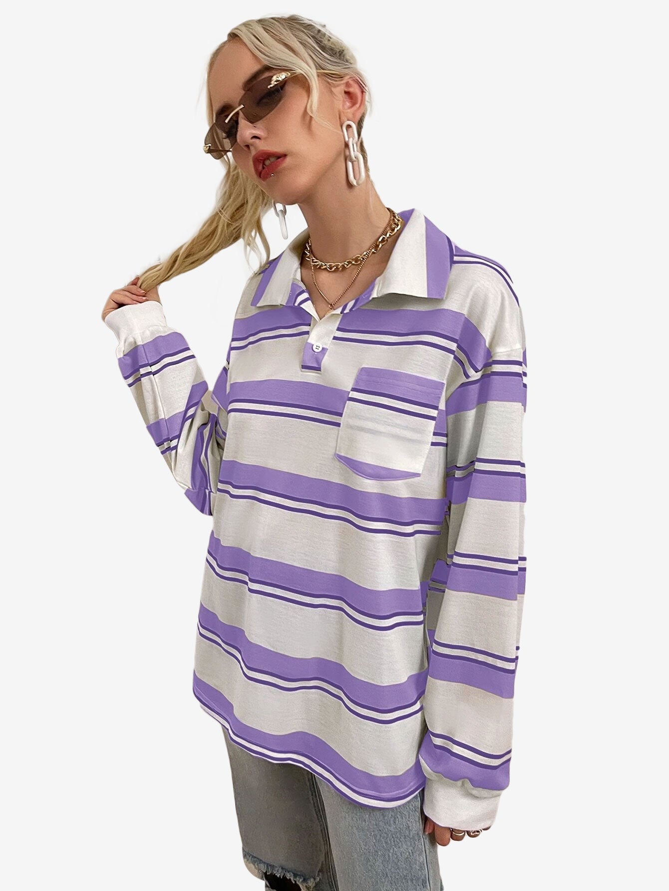 Bubblegum Striped Pocket Patched Drop Shoulder Sweatshirt