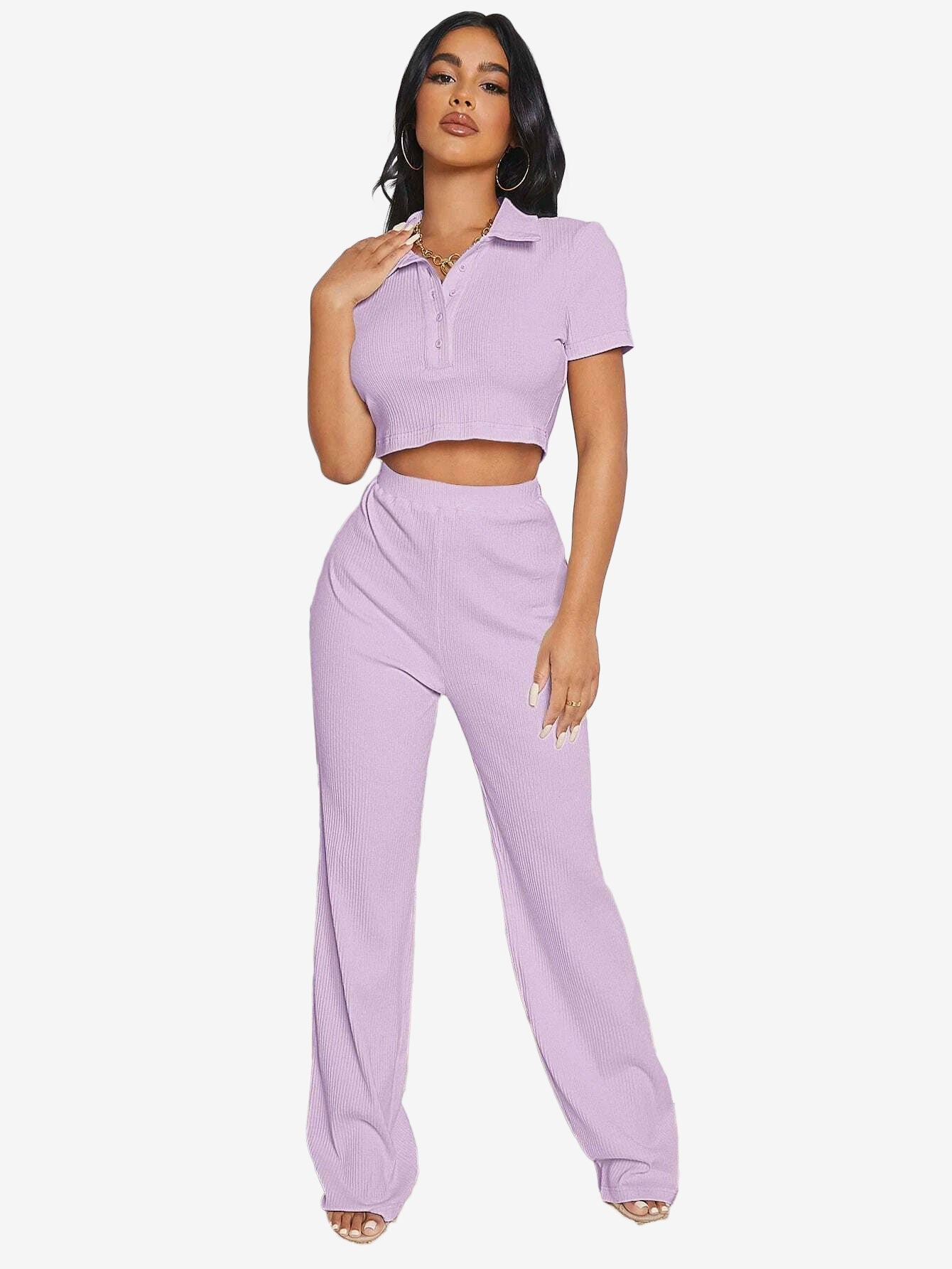 Button Half Placket Rib-knit Crop Top