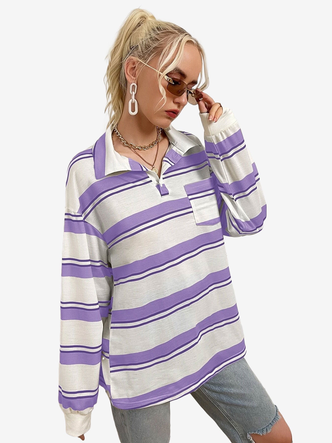 Bubblegum Striped Pocket Patched Drop Shoulder Sweatshirt