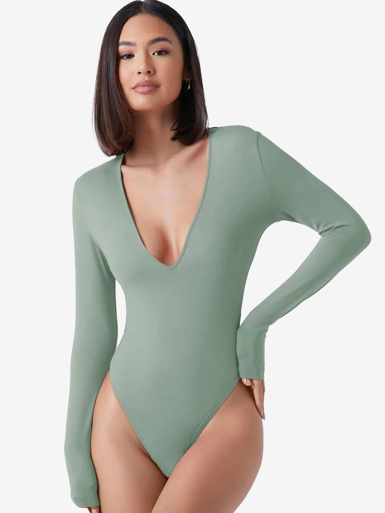 Basic Plunging Neck Solid Fitted Bodysuit