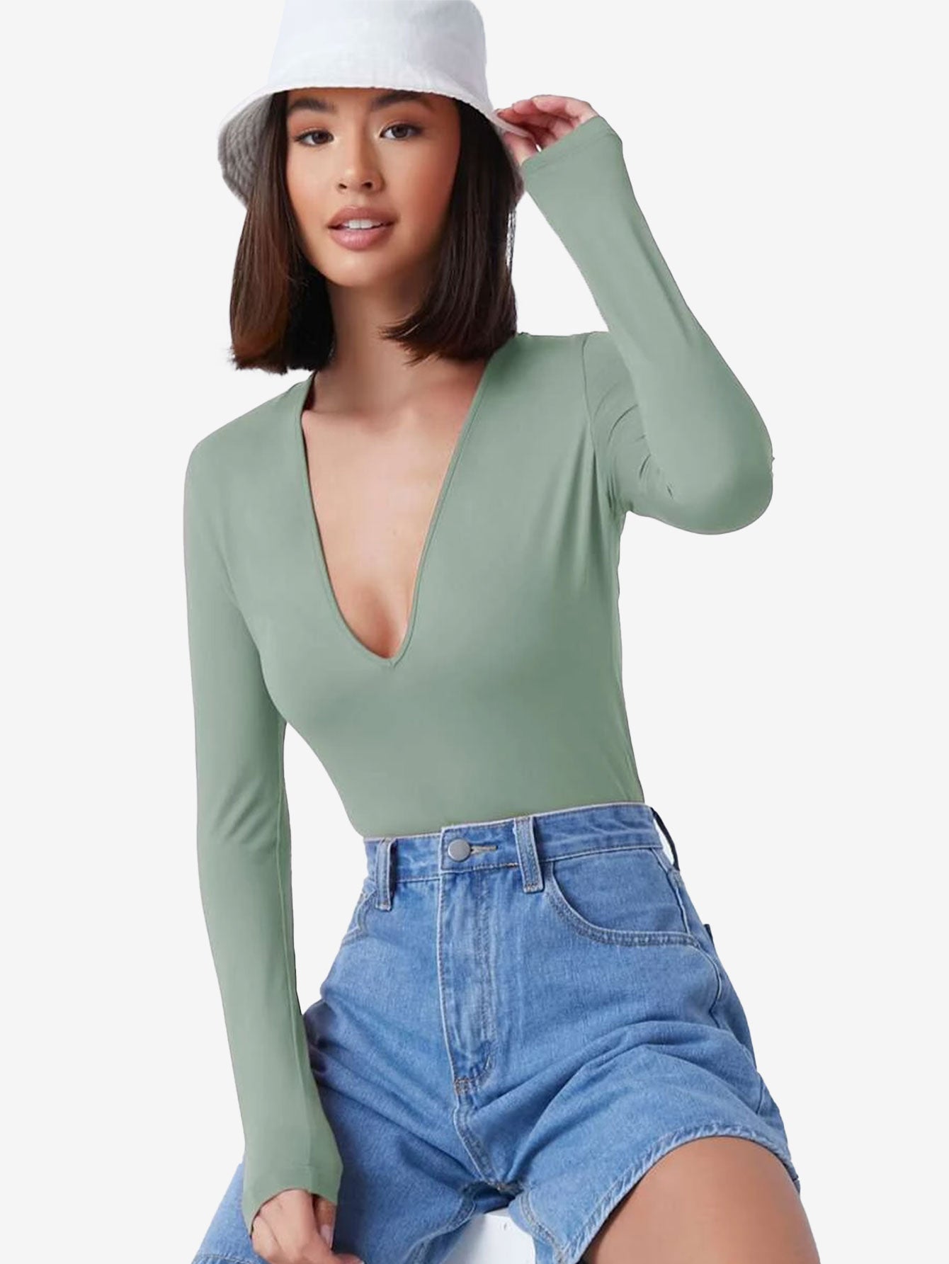 Basic Plunging Neck Solid Fitted Bodysuit