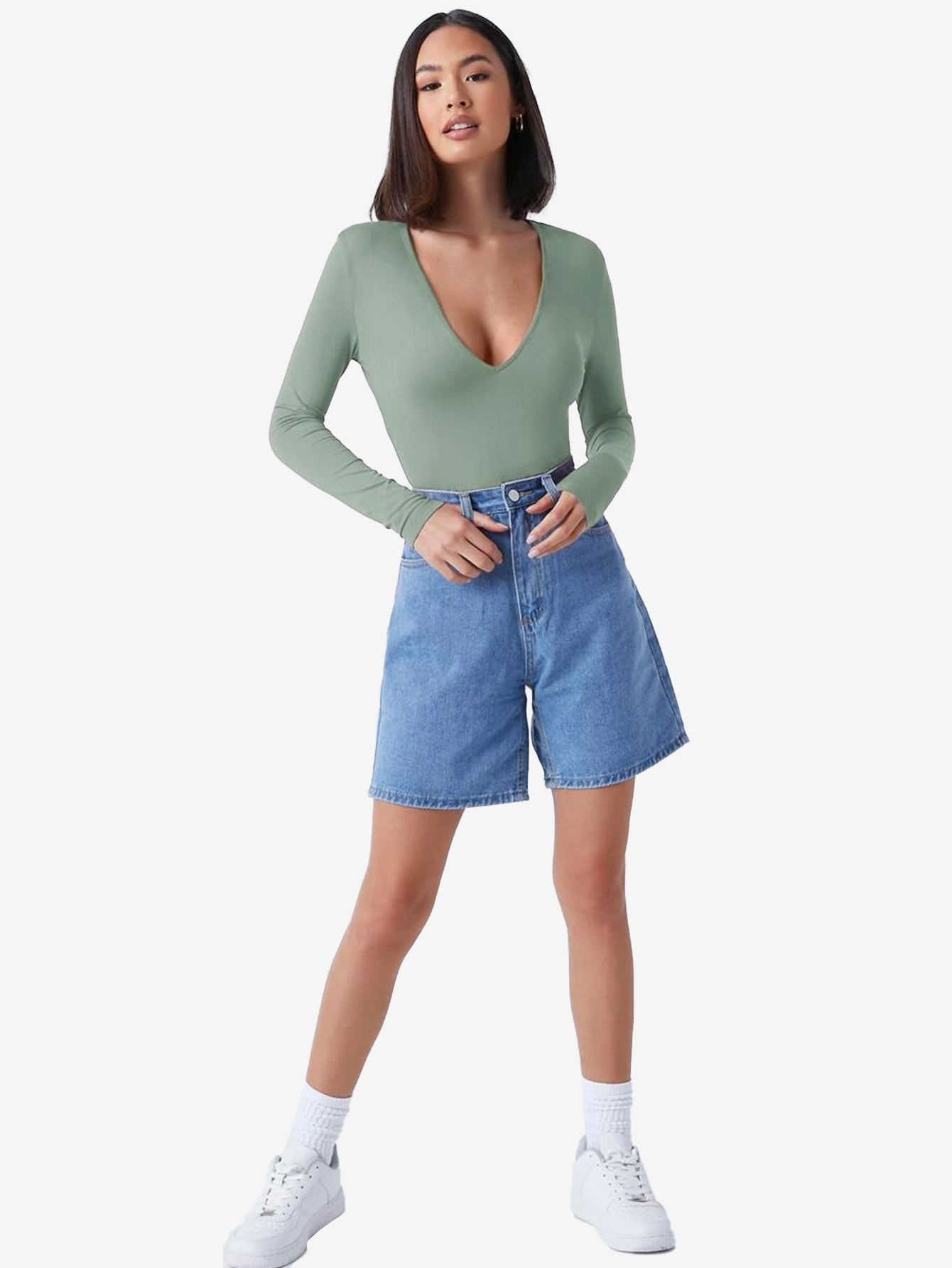 Basic Plunging Neck Solid Fitted Bodysuit