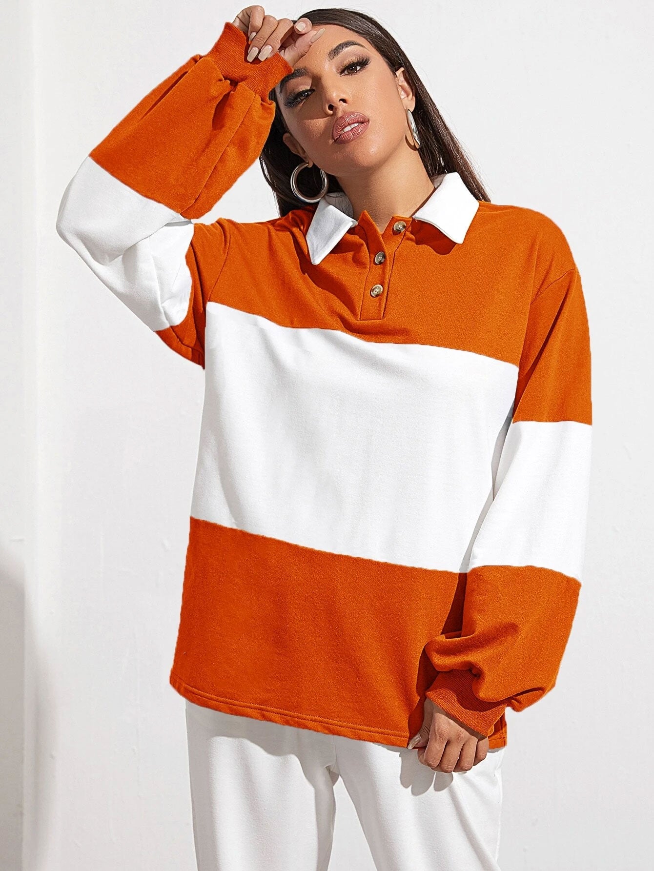 Button Half Placket Colorblock Sweatshirt