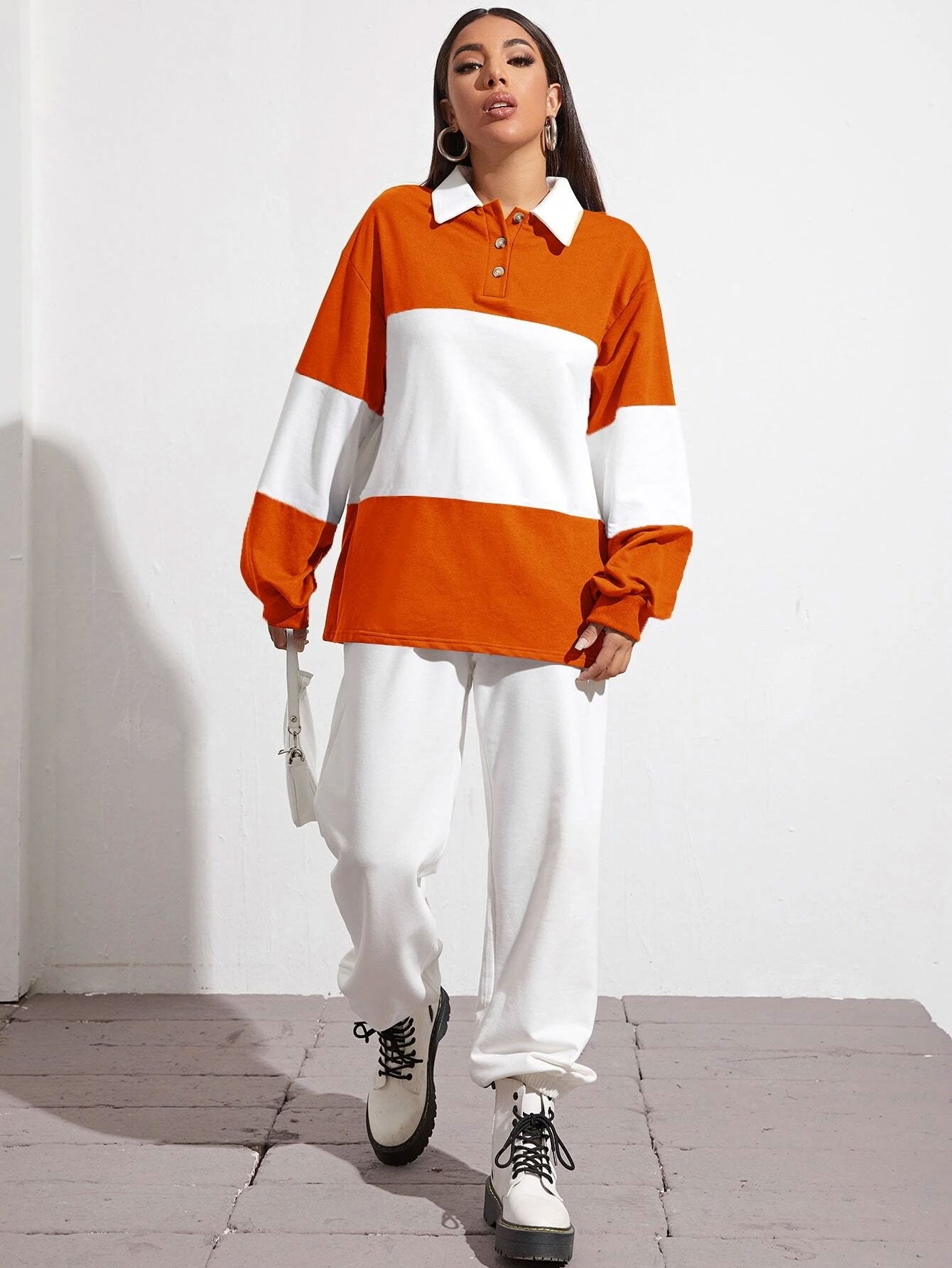 Button Half Placket Colorblock Sweatshirt