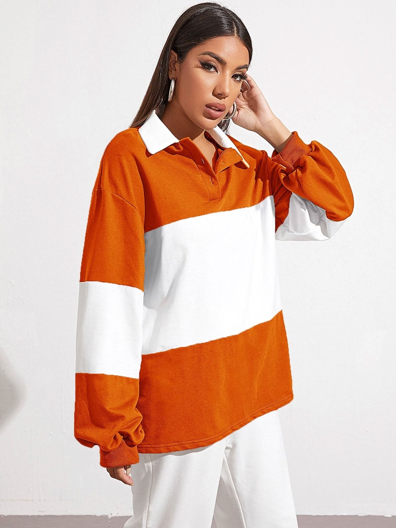 Button Half Placket Colorblock Sweatshirt