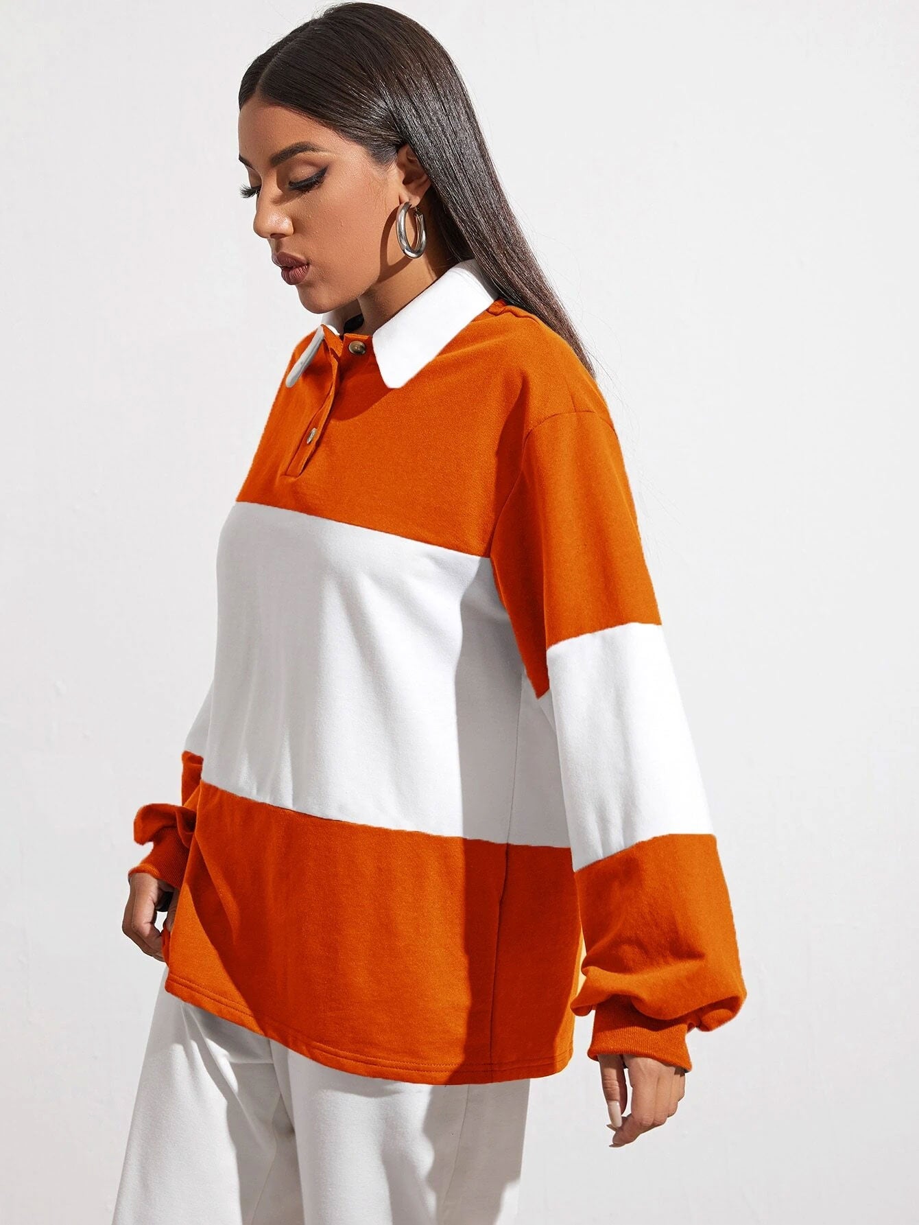 Button Half Placket Colorblock Sweatshirt