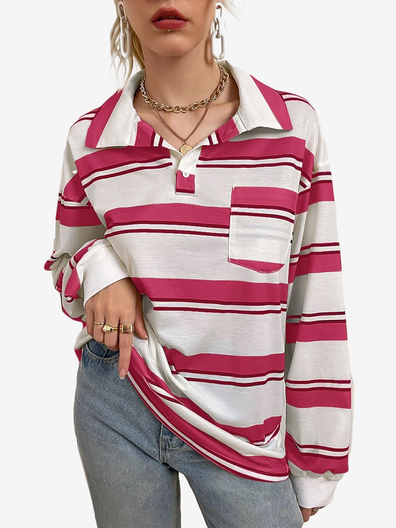 Bubblegum Striped Pocket Patched Drop Shoulder Sweatshirt
