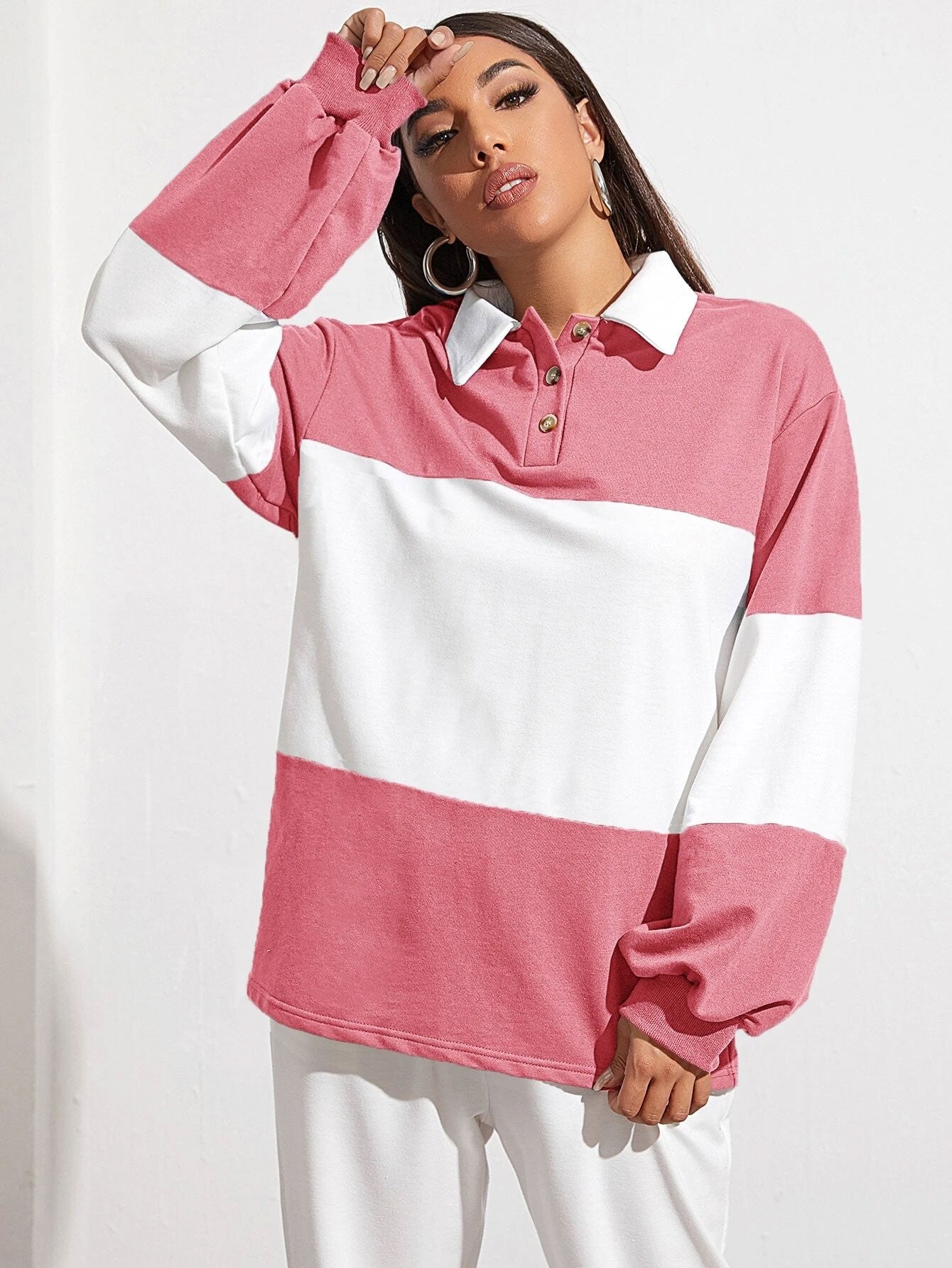 Button Half Placket Colorblock Sweatshirt