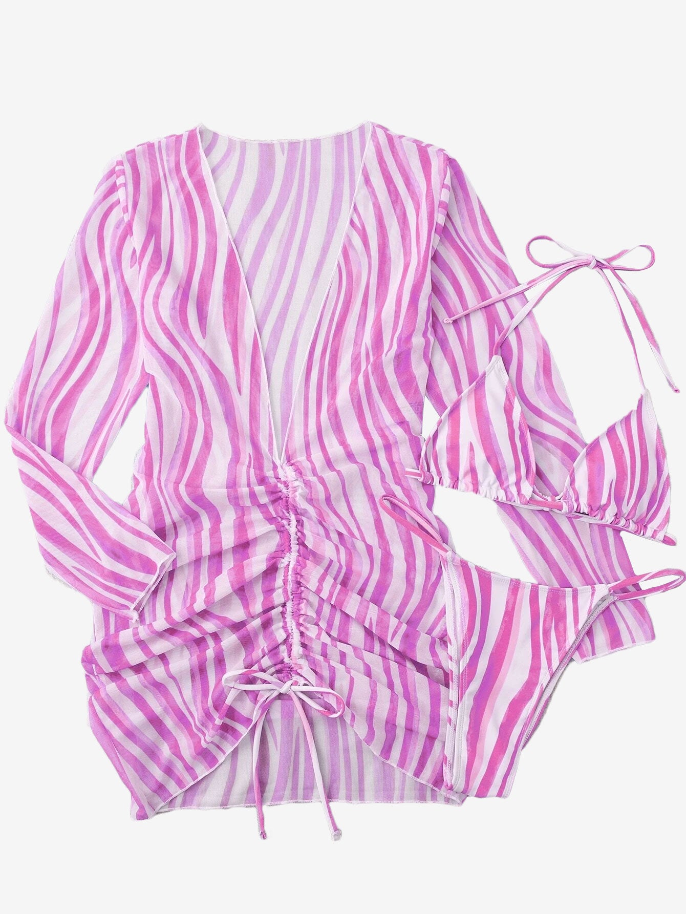 Adorable 3pack Striped Halter Triangle Thong Bikini Swimsuit_Cover Up