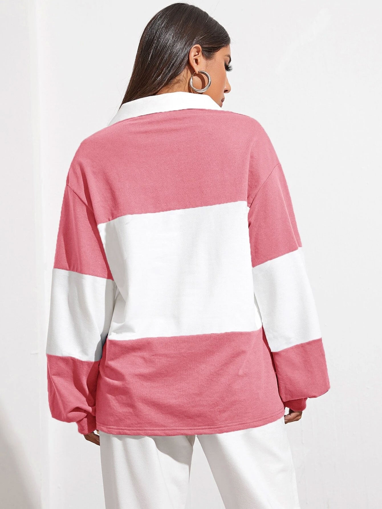 Button Half Placket Colorblock Sweatshirt