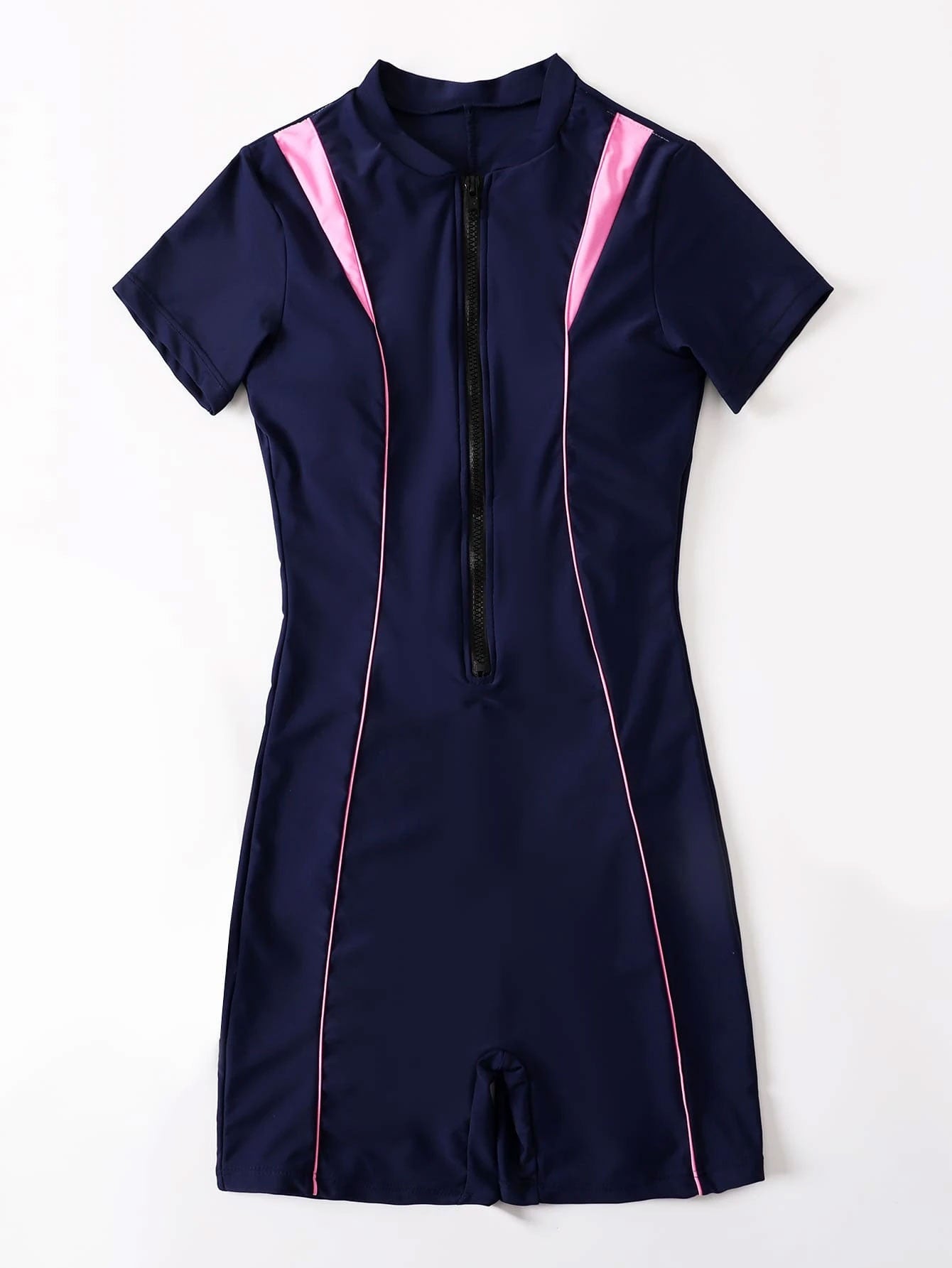 Contrast Binding Zipper Front One Piece Swimsuit
