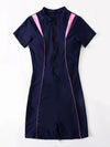 Contrast Binding Zipper Front One Piece Swimsuit