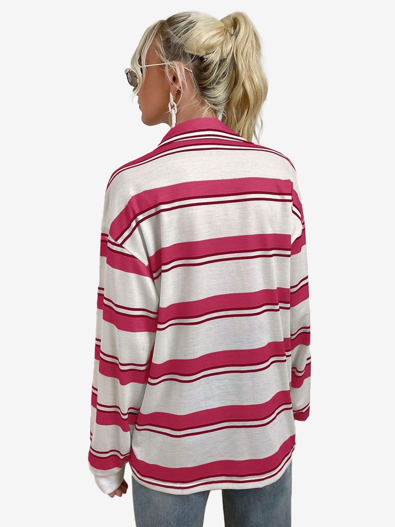 Bubblegum Striped Pocket Patched Drop Shoulder Sweatshirt