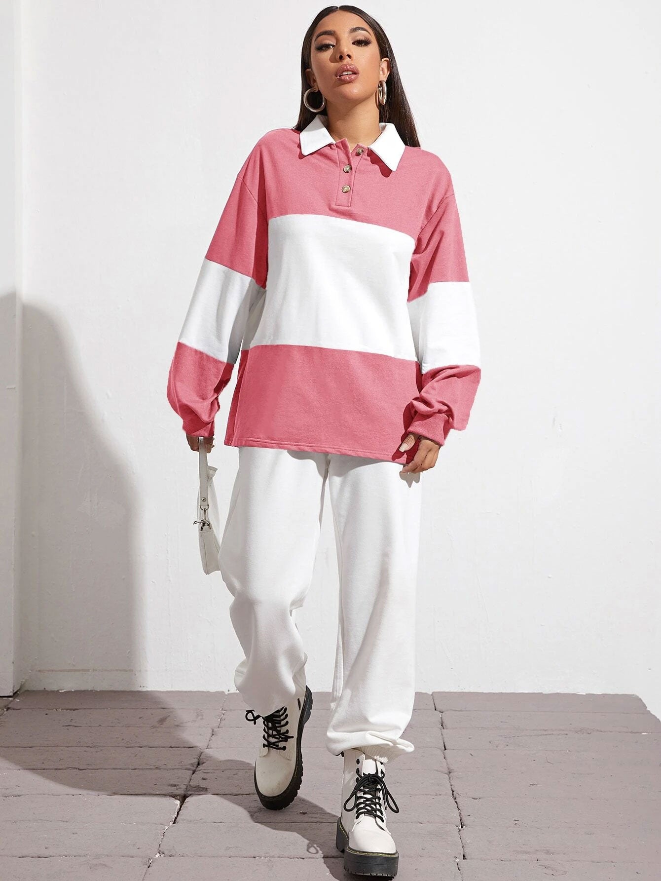 Button Half Placket Colorblock Sweatshirt