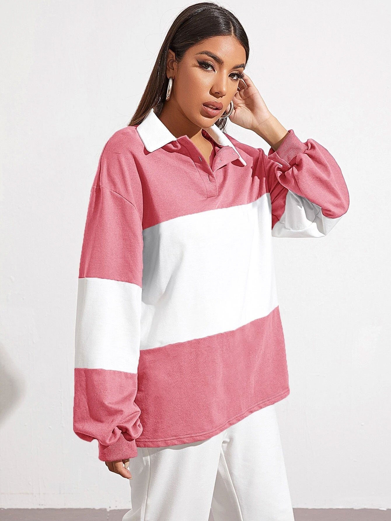 Button Half Placket Colorblock Sweatshirt