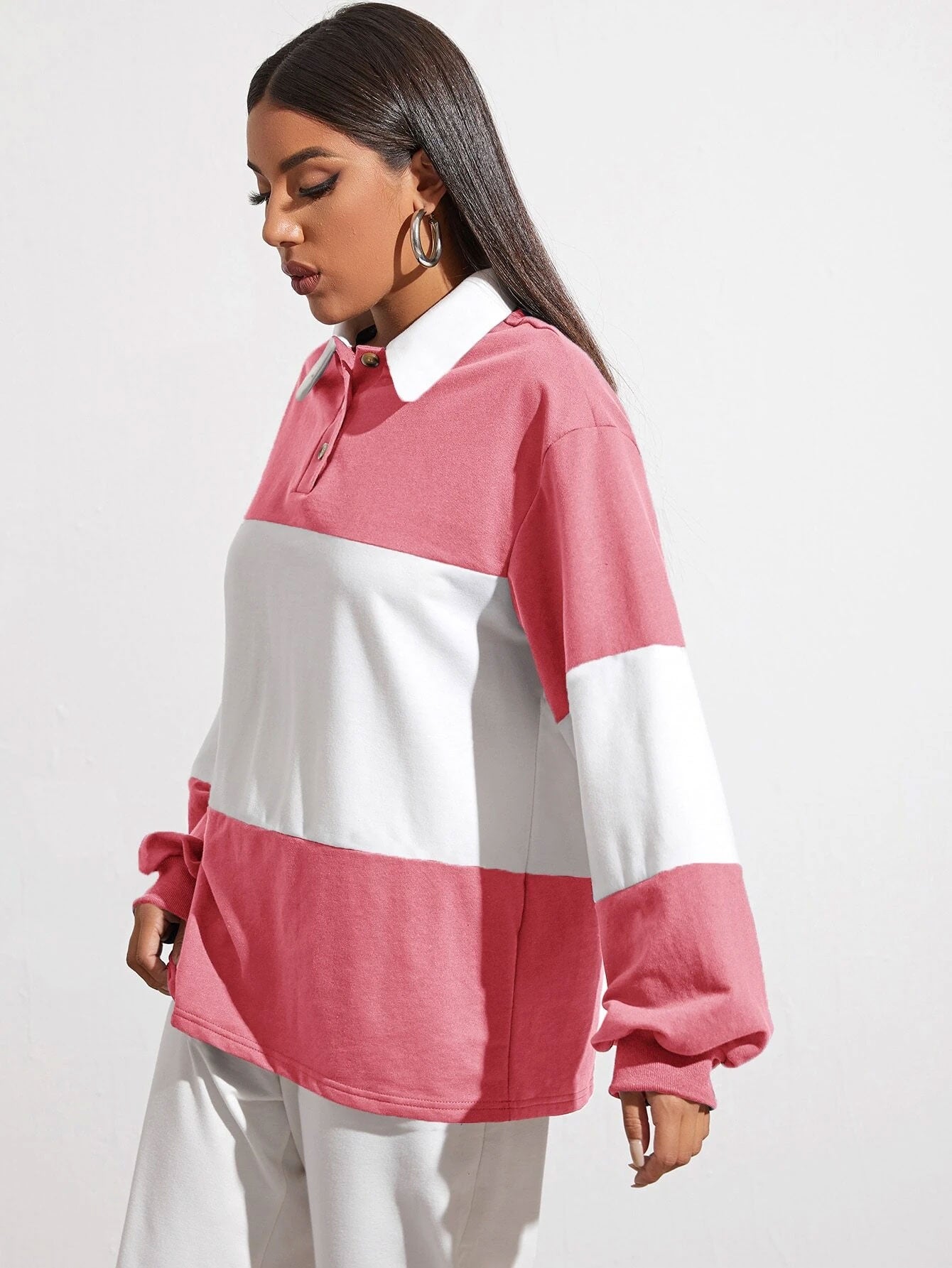 Button Half Placket Colorblock Sweatshirt