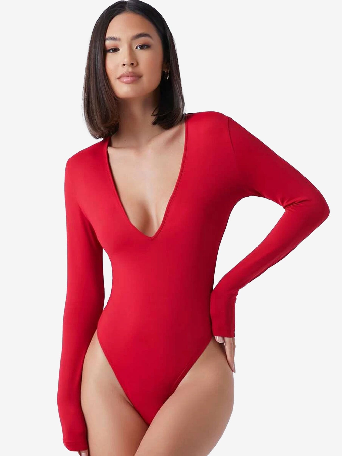 Basic Plunging Neck Solid Fitted Bodysuit