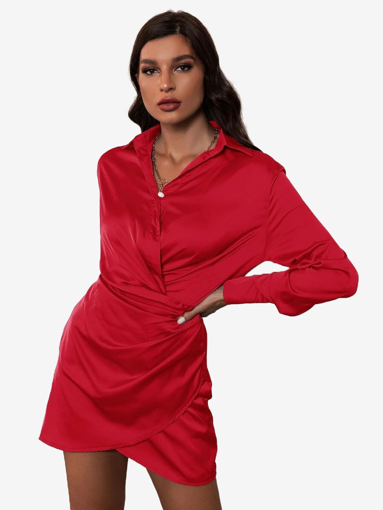 Arouse Ruched Front Tulip Hem Shirt Dress