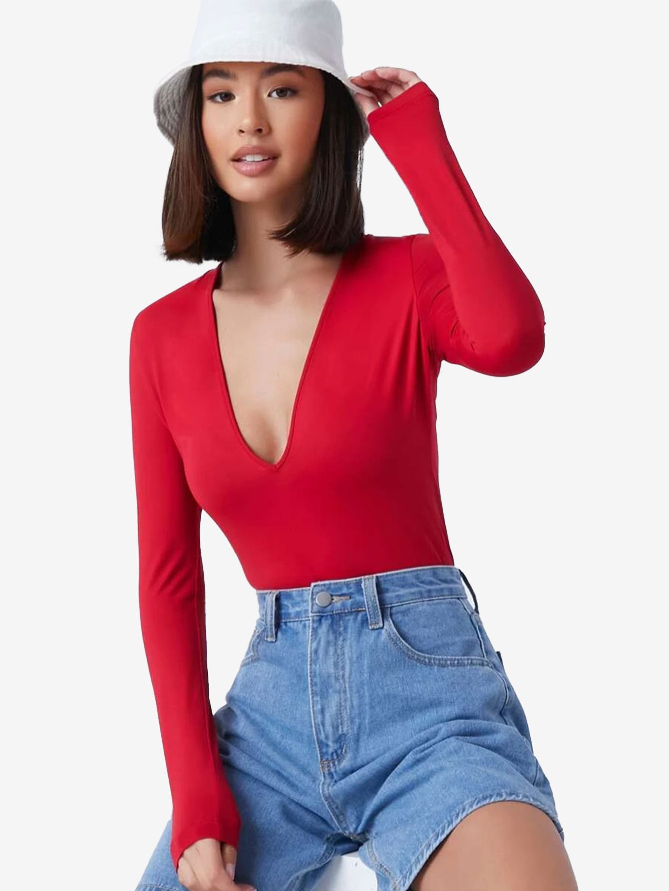 Basic Plunging Neck Solid Fitted Bodysuit
