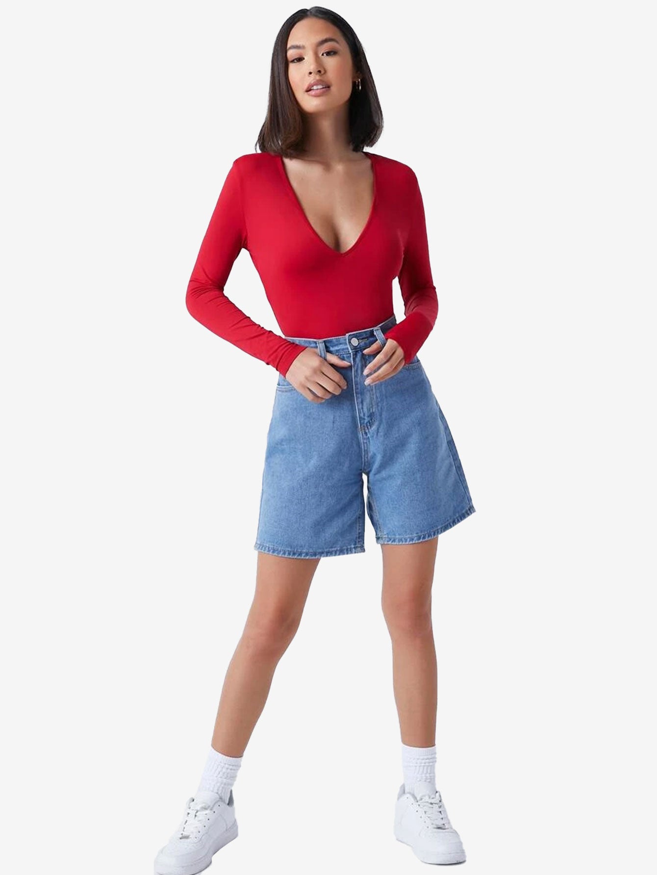 Basic Plunging Neck Solid Fitted Bodysuit